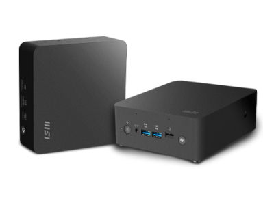 Two black MSI mini PCs are on a white background. One shows USB ports and power button, the other displays the MSI logo.
