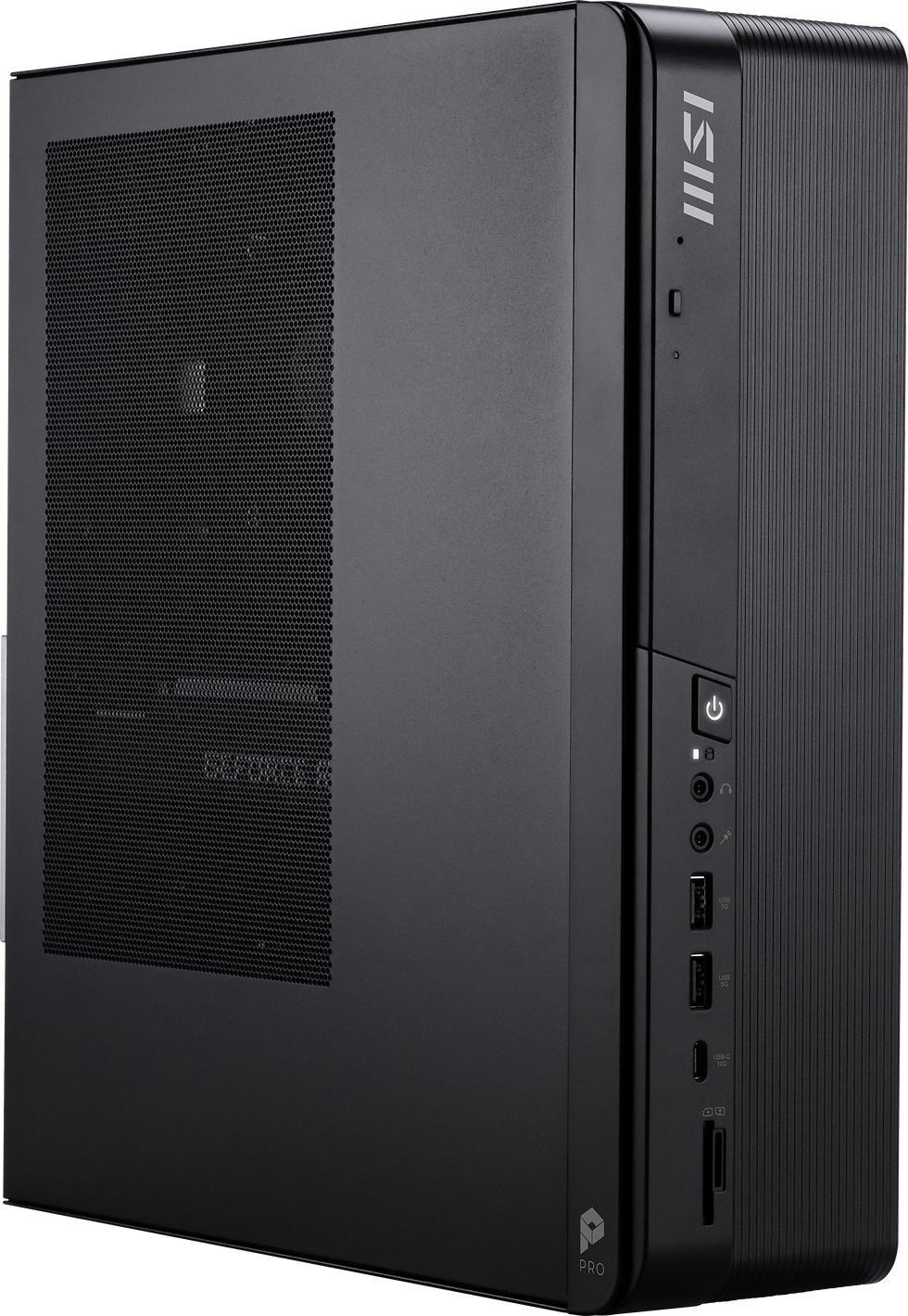 Black MSI desktop tower with textured side panel and ventilation. Front features power button, USB ports, and subtle logos.