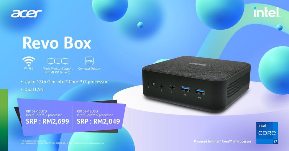 Acer Revo Box with Intel Core i7 displayed on a blue background. Features include Wi-Fi 6, compact design, triple monitor support, RM2,699.