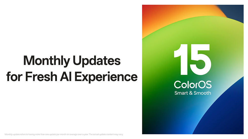 "ColorOS 15 announcement with text 'Monthly Updates for Fresh AI Experience' on a white background. Gradient of orange to blue on the right."