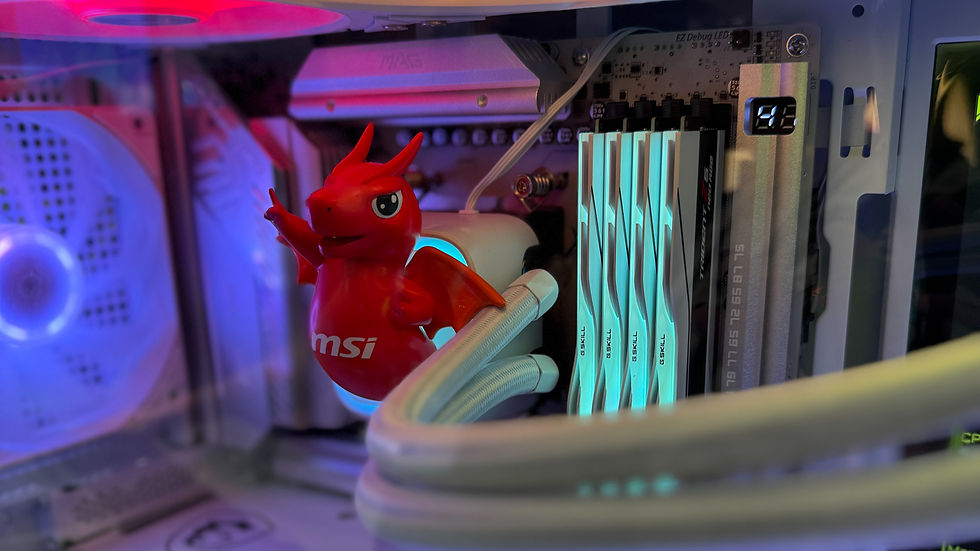 Red dragon figure inside a computer case with glowing RAM sticks. Blue and red lighting. MSI logo visible on the dragon.