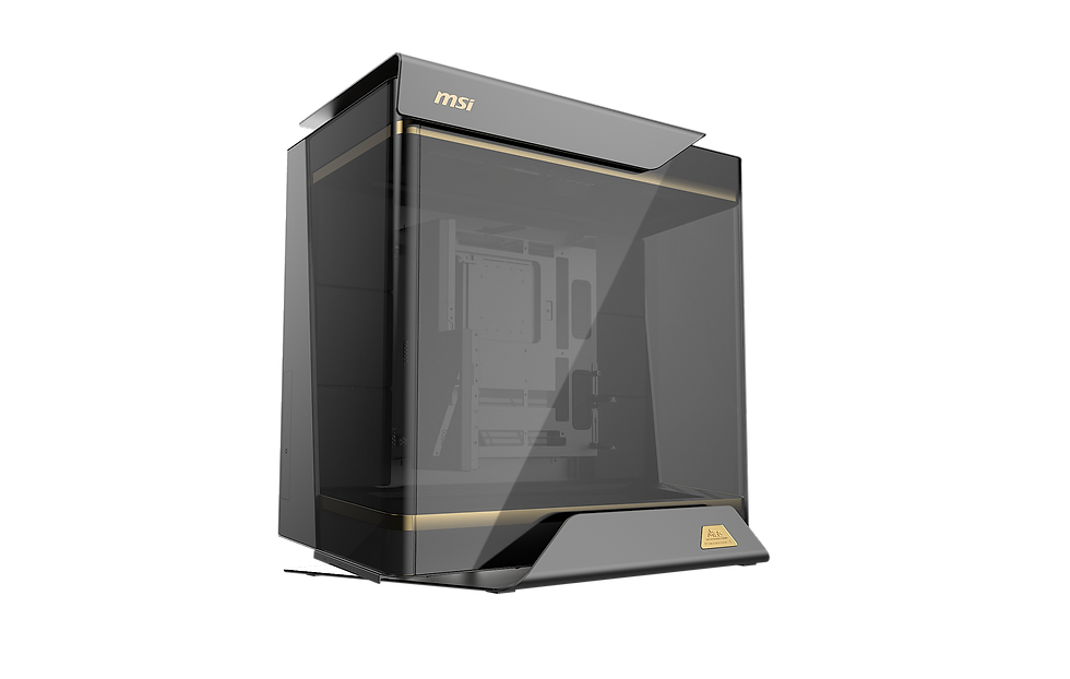 Sleek black MSI computer case with gold accents, angled view. Transparent side panel reveals the interior structure.