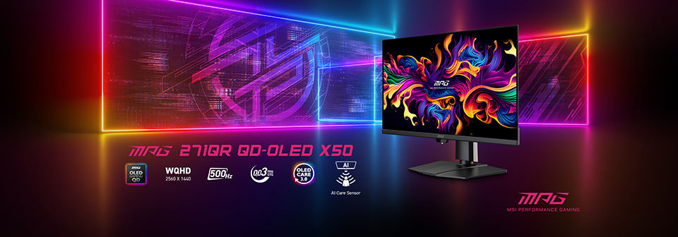 Gaming monitor with vibrant display, surrounded by neon lines. Text: MAG 271QR QD-OLED X50, 500Hz, QD-OLED 3.0. Futuristic and colorful.