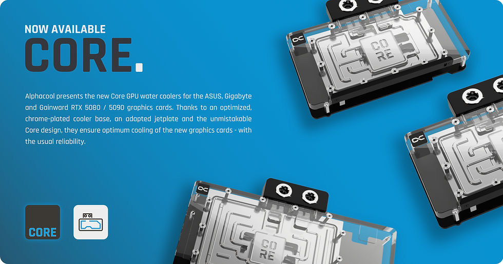 Alphacool Core GPU water coolers on blue background. Text highlights features for ASUS and Gigabyte graphics cards. Mood: technical.