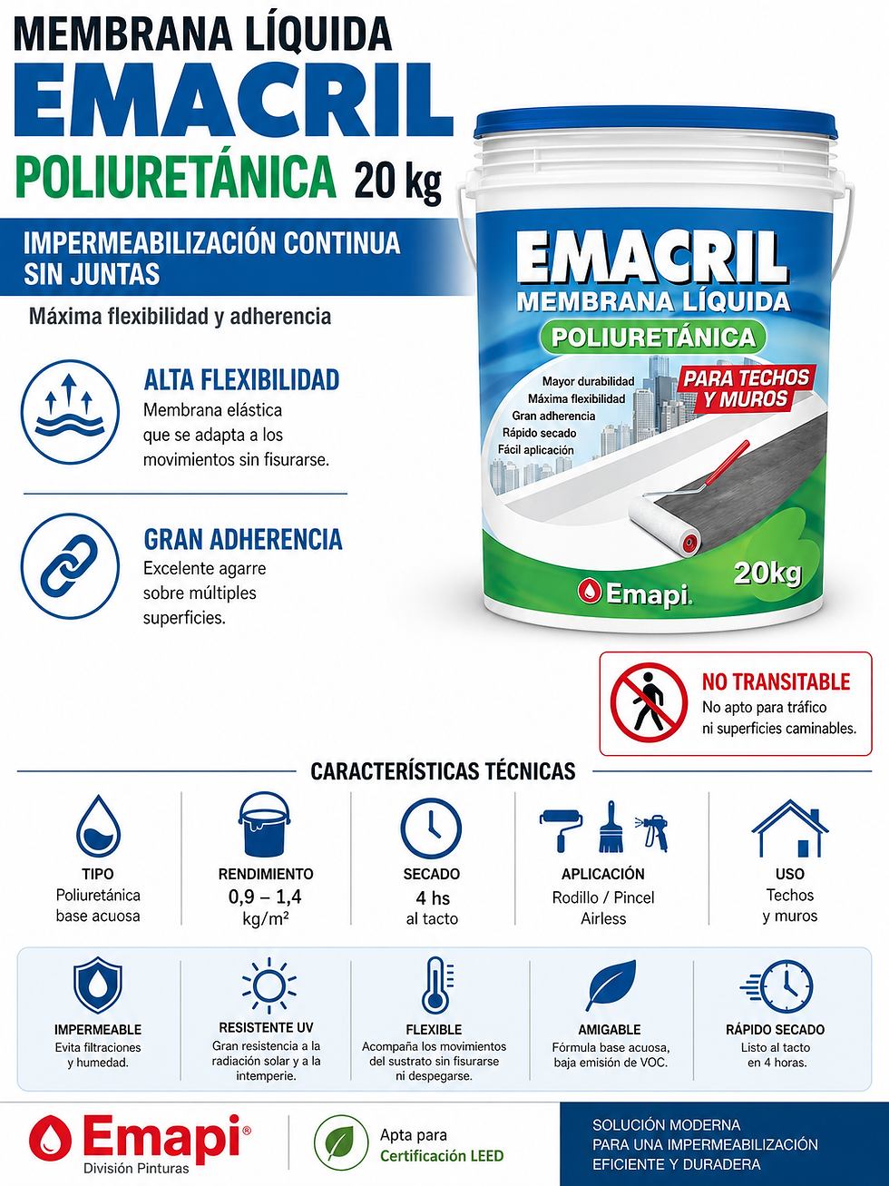 Membana para techos líquida Emacril poliuretánica de 20kg