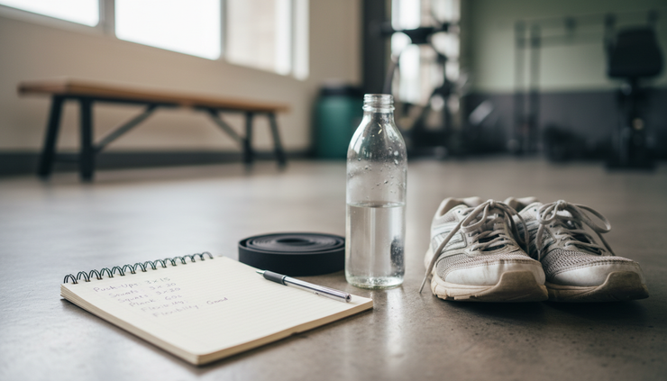 Close-up view of a training notebook with simple fitness notes beside a water bottle and resistance band
