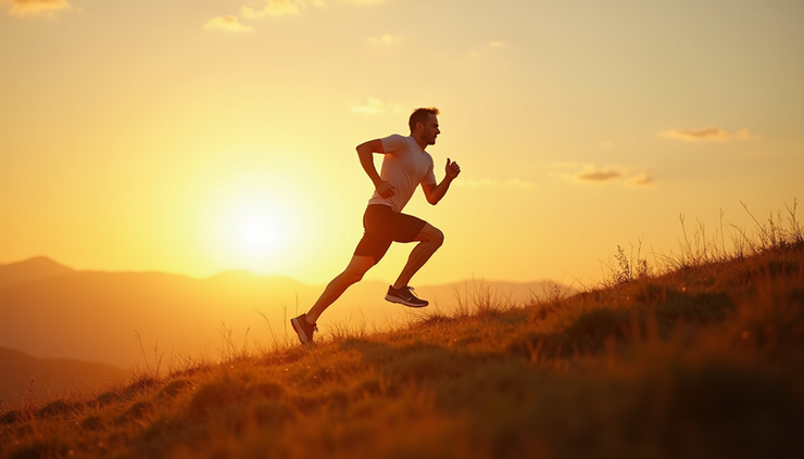 Eye-level view of a middle-aged man sprinting on a grassy hill during sunrise
