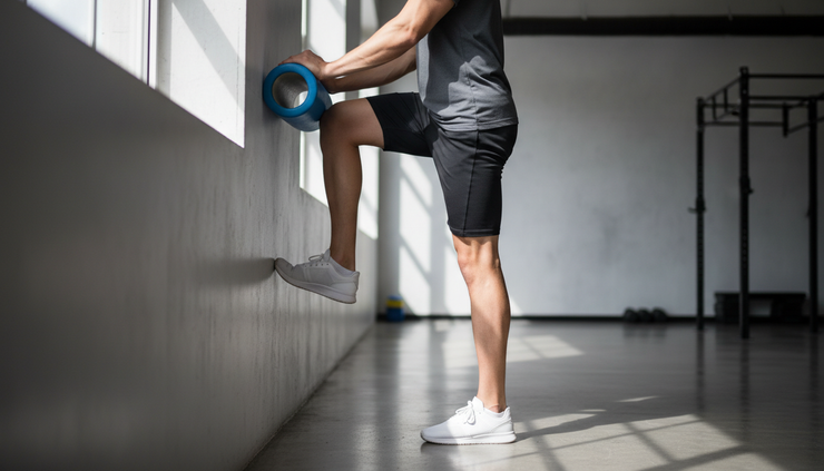 Eye-level view of an athlete pressing a bent knee into a foam roller on a wall during a hip stability drill