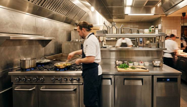 Wide-angle view of a stainless steel commercial kitchen line.