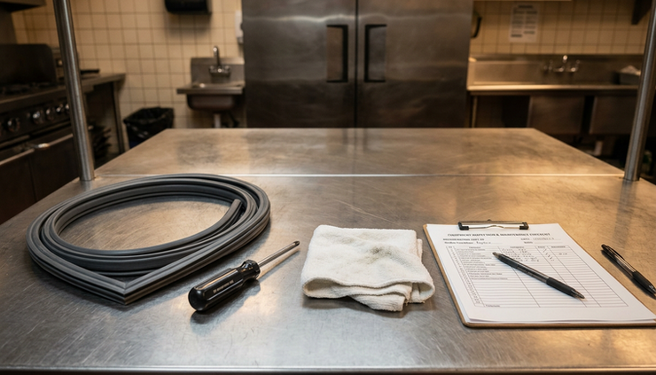 Eye-level view of a clean stainless steel kitchen worktable with maintenance tools.