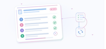 A modern illustrated document showing numbered steps and checkmark icons linked to workflow nodes, in pastel blue and pink, representing clear standard operating procedures.