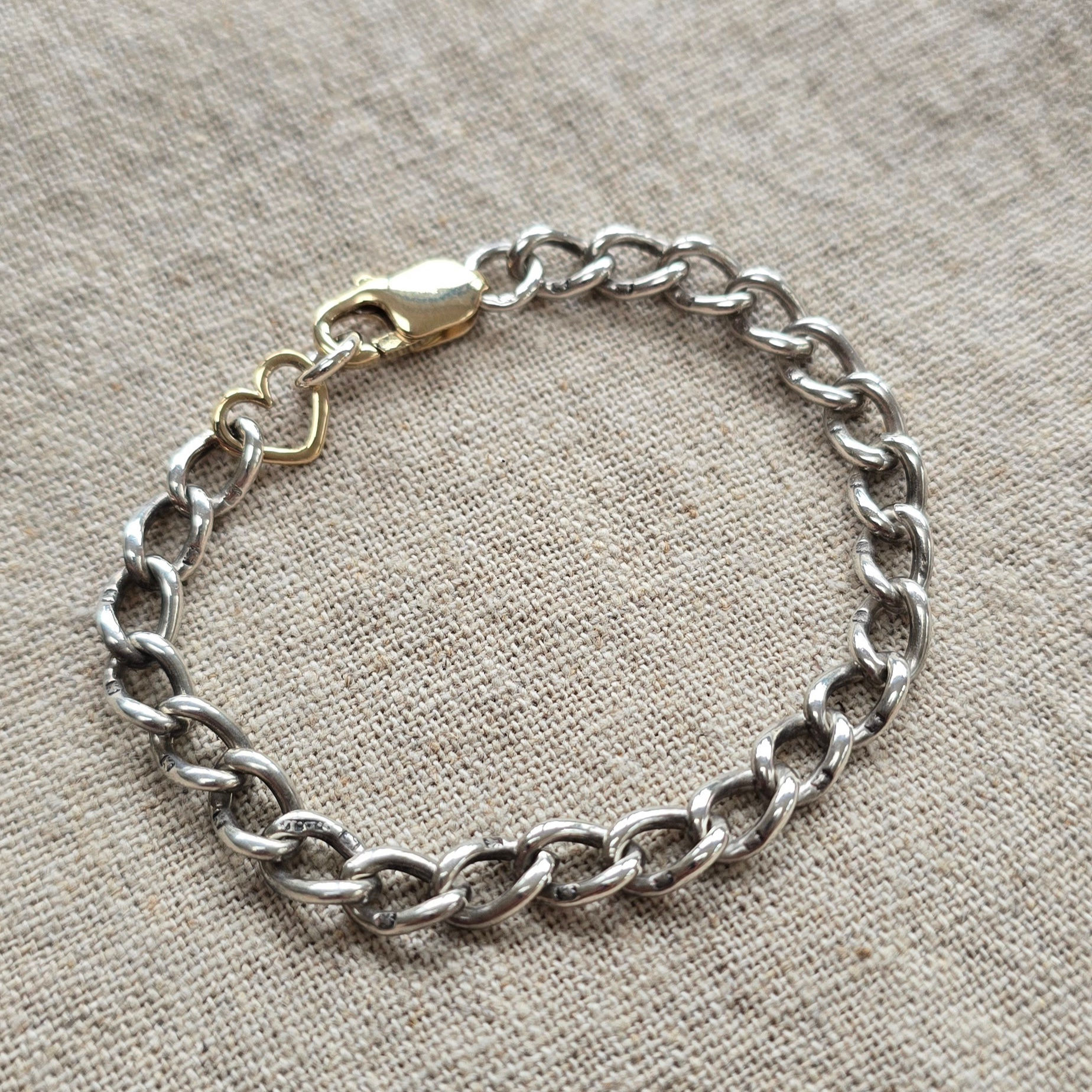 Reworked Antique Silver and 9ct Gold Large Heart Bracelet 7"