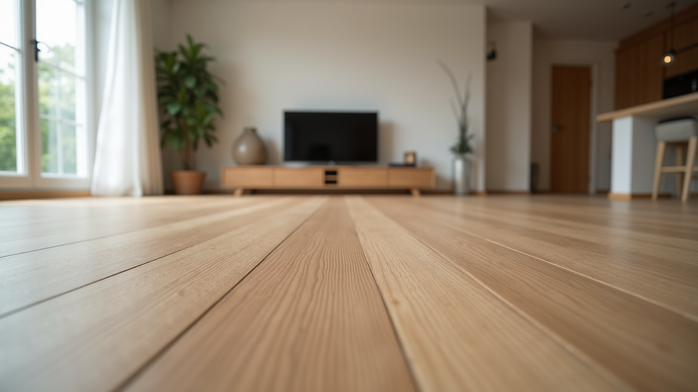 Eye-level view of a modern living room with engineered wood flooring