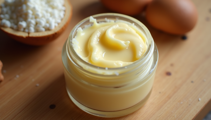Eye-level view of open jar of shea butter with creamy texture