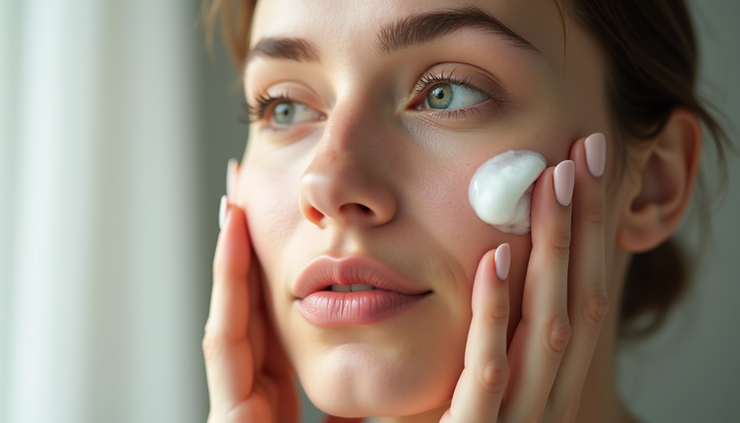 Close-up view of a woman’s hand applying moisturizer to her cheek