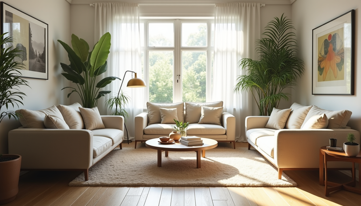 Eye-level view of a bright living room with plants and natural light