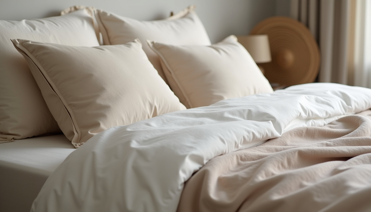 Close-up view of a neatly made bed with soft linens and decorative pillows