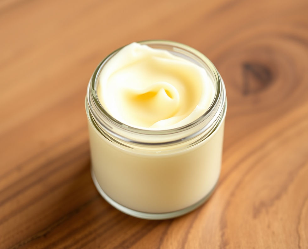 a short small clear cylinder container _ filled with smooth white shea butter on wooden