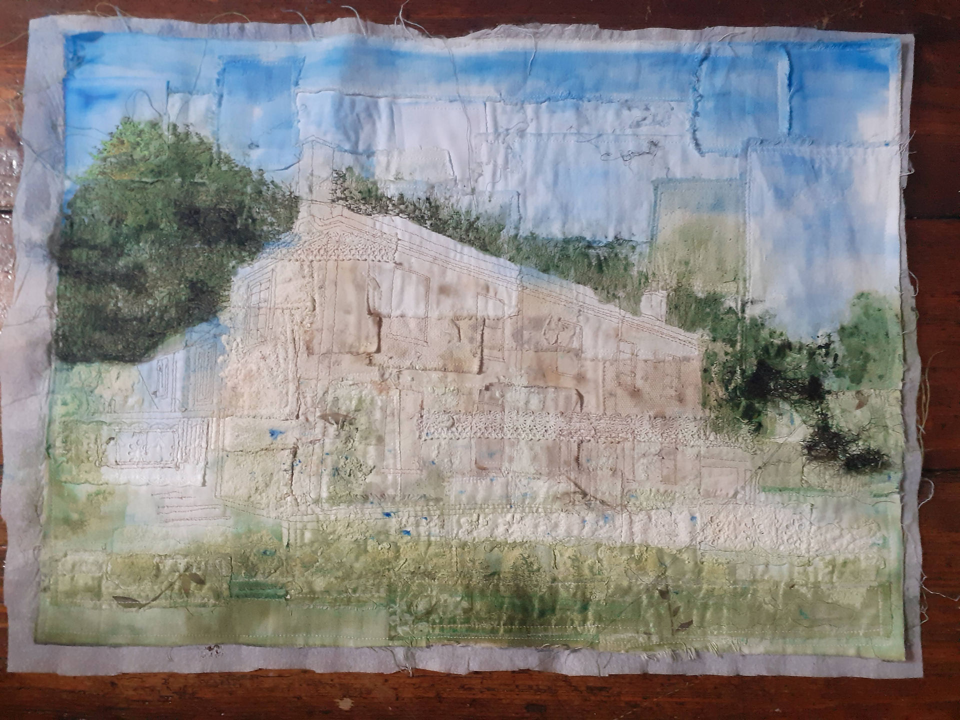 Stitching the background foliage, Cotswold House, Sue Bateman Textiles