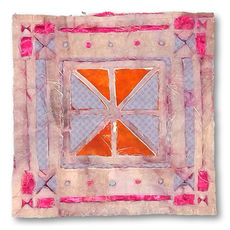 20cm x 20cm. Layered and cut-back textile artwork