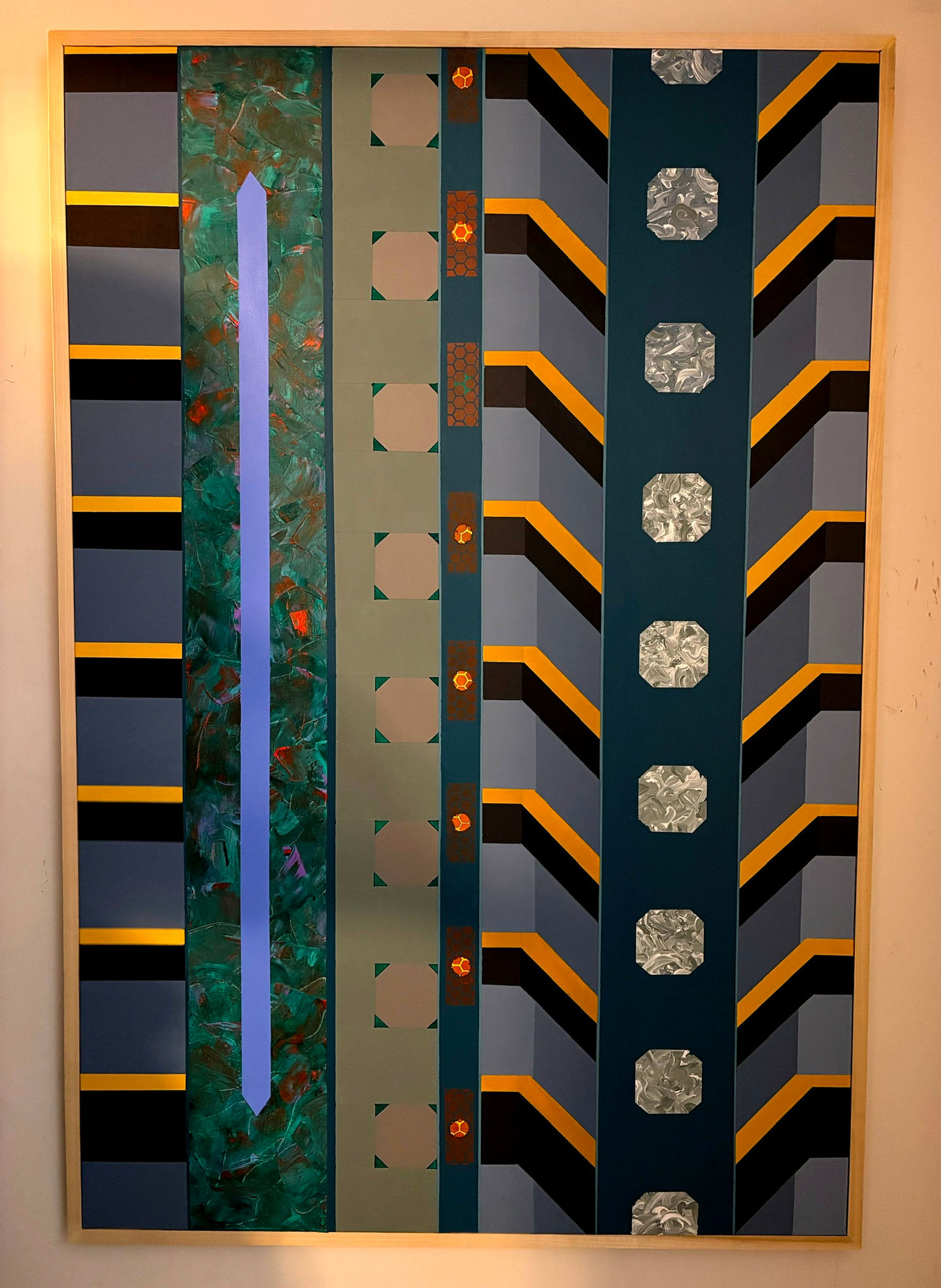 Two rows of metallic, geometric designs