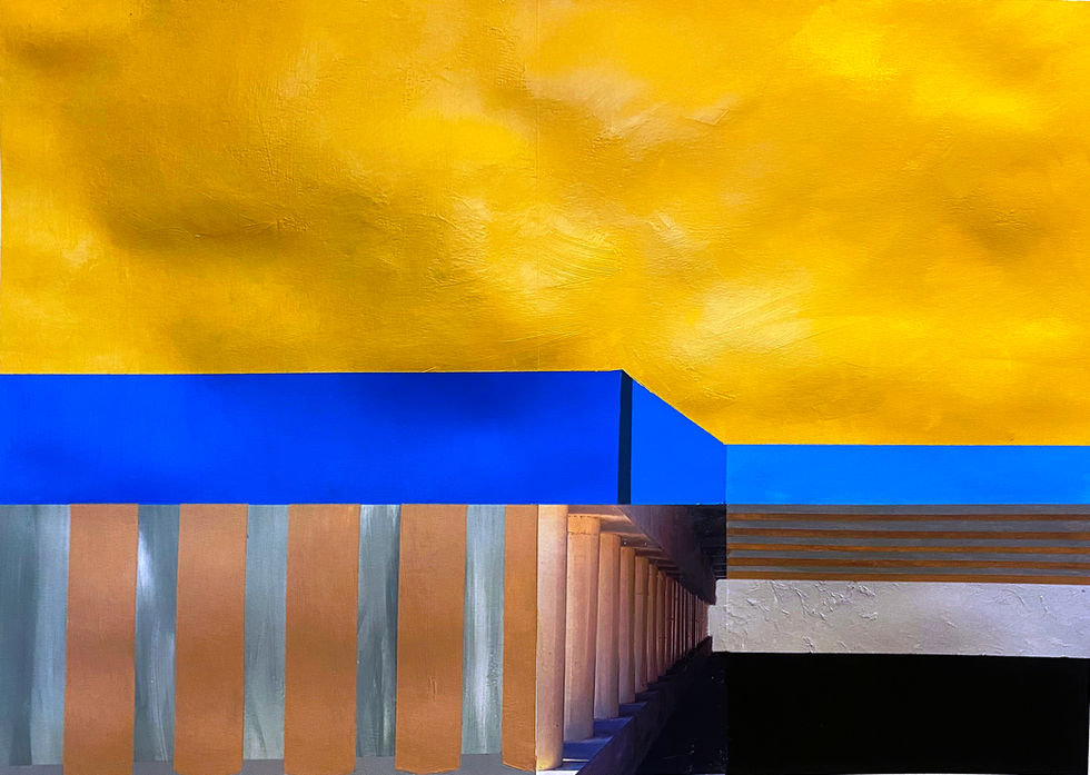 Blue handrail on a yellow sky