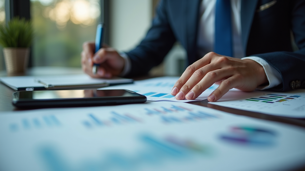 Close-up view of a business consultant analyzing financial charts
