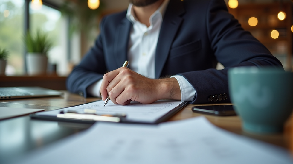 Eye-level view of a small business owner reviewing a checklist on a clipboard