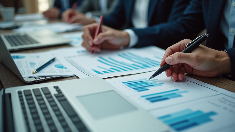 High angle view of a business meeting with charts and laptops