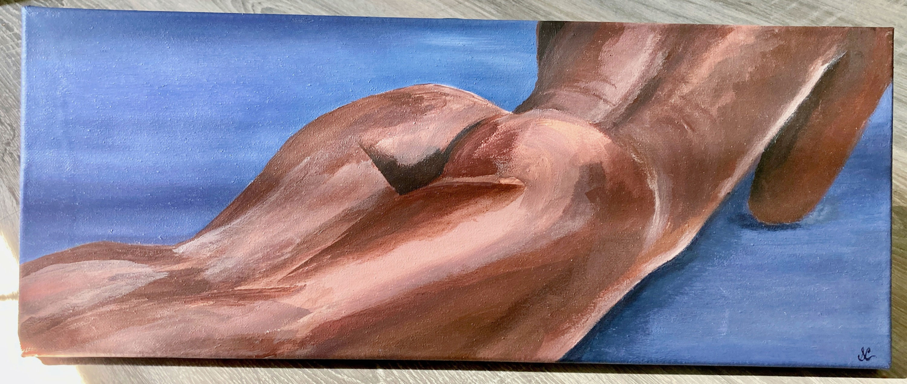 Painting of a nude woman lying down, focusing on her back and legs, purple background. 
