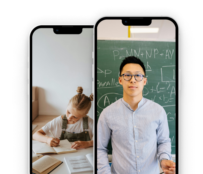 Two smartphone screens show a girl studying and a man in front of a chalkboard with equations. Both look focused and engaged.