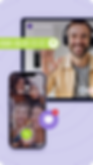 Smiling man on a video call with headset, waving; women in a phone call screen; purple background with chat icons and soundwave.