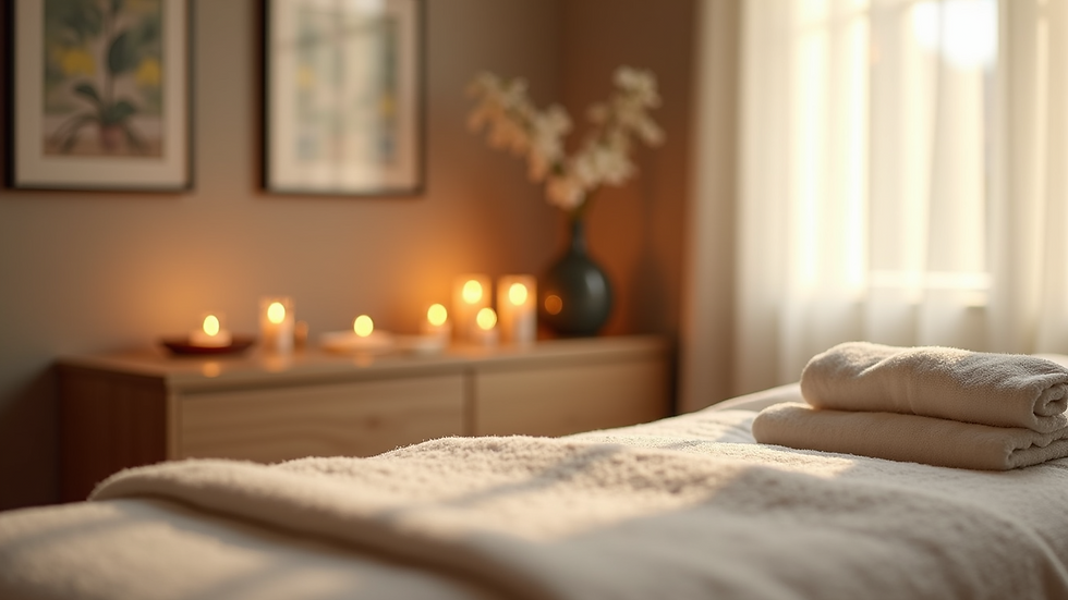 Eye-level view of a peaceful Reiki treatment room with soft lighting
