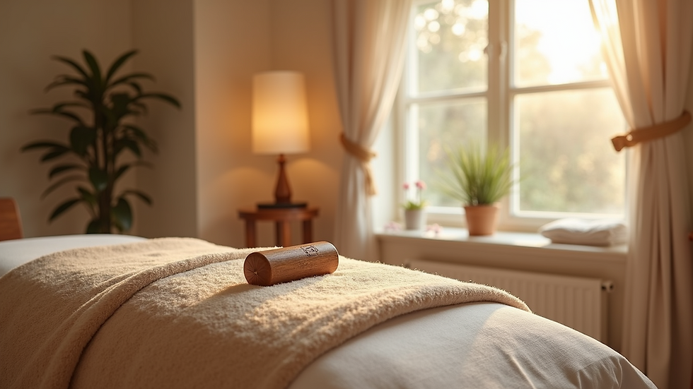Eye-level view of a calm therapy room with Reiki setup