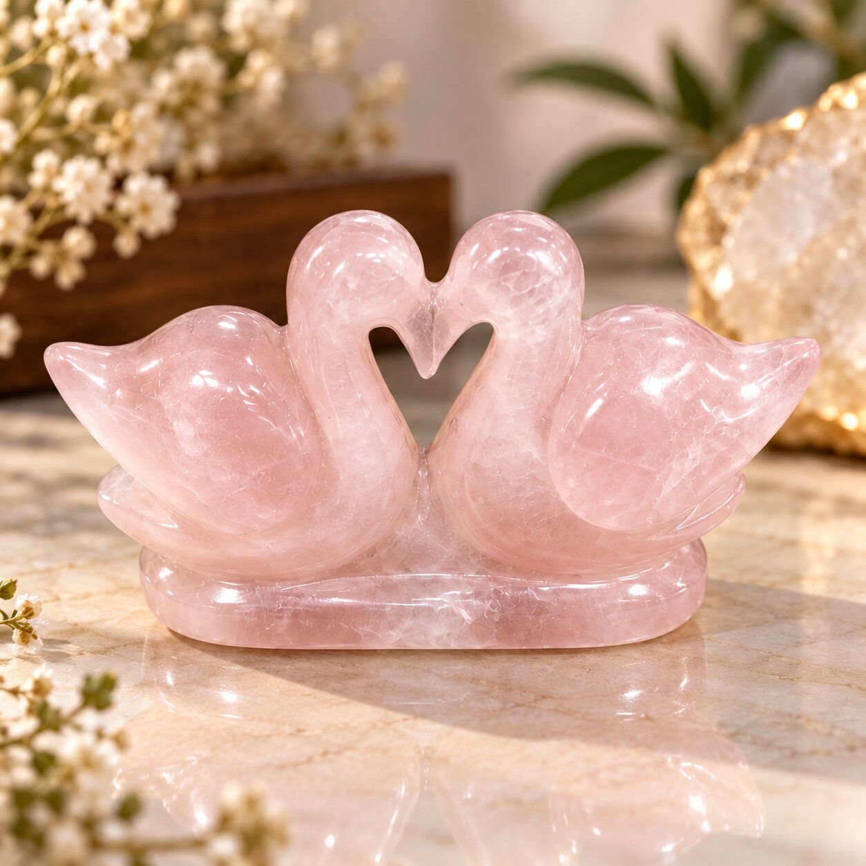 Pair of rose quartz swans for lifelong love by Sanskritii Sethi Global front view