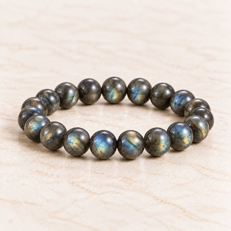 Labradorite bracelet with blue and gold flash to trust your gut by Sanskritii Sethi Global front view