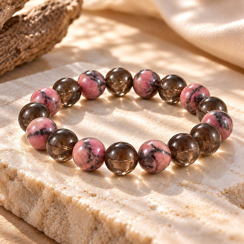 Bracelet to get through divorce with rhodonite and smoky quartz by Sanskritii Sethi Global – front view