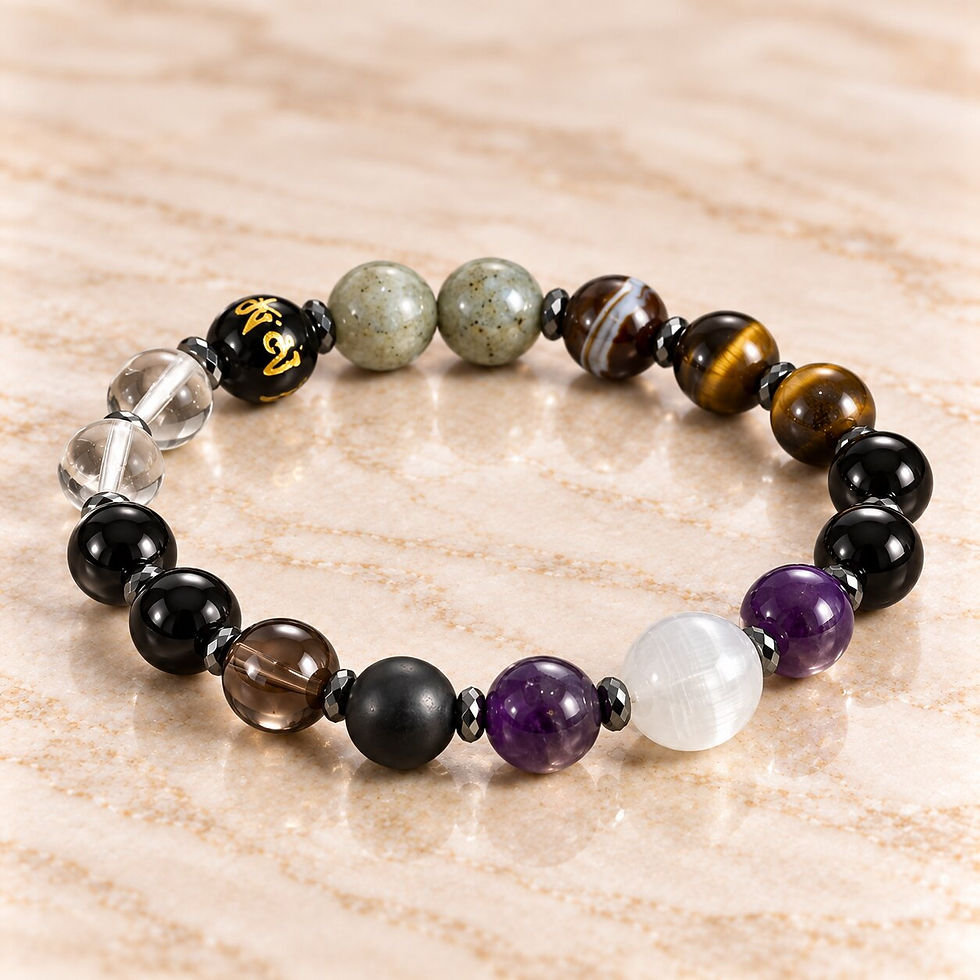 Black magic removal bracelet with protective crystals by Sanskritii Sethi Global front view