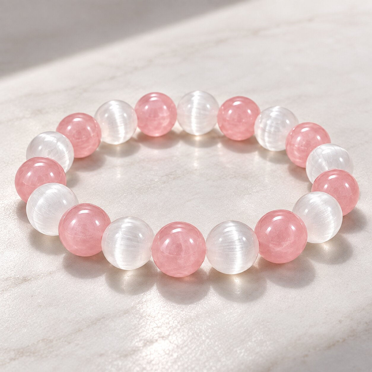 Cancer zodiac crystal bracelet with rose quartz and selenite by Sanskritii Sethi Global front view