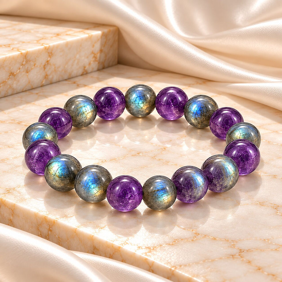 Aquarius crystal bracelet with labradorite and amethyst by Sanskritii Sethi Global front view