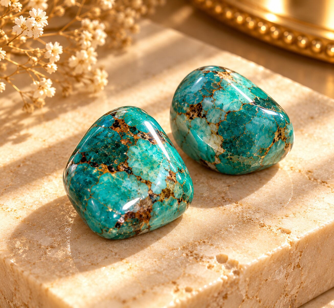 Pair of turquoise tumbles for protection and good luck – Sanskritii Sethi Global