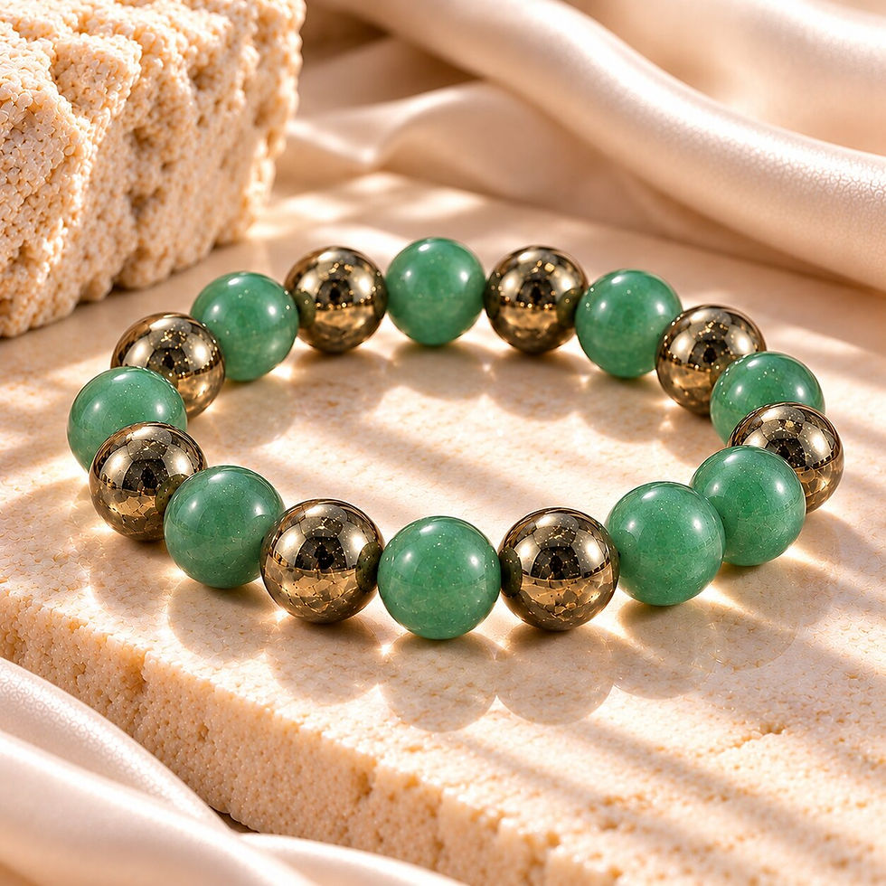 Bracelet to clear debts with pyrite and green aventurine by Sanskritii Sethi Global – front view