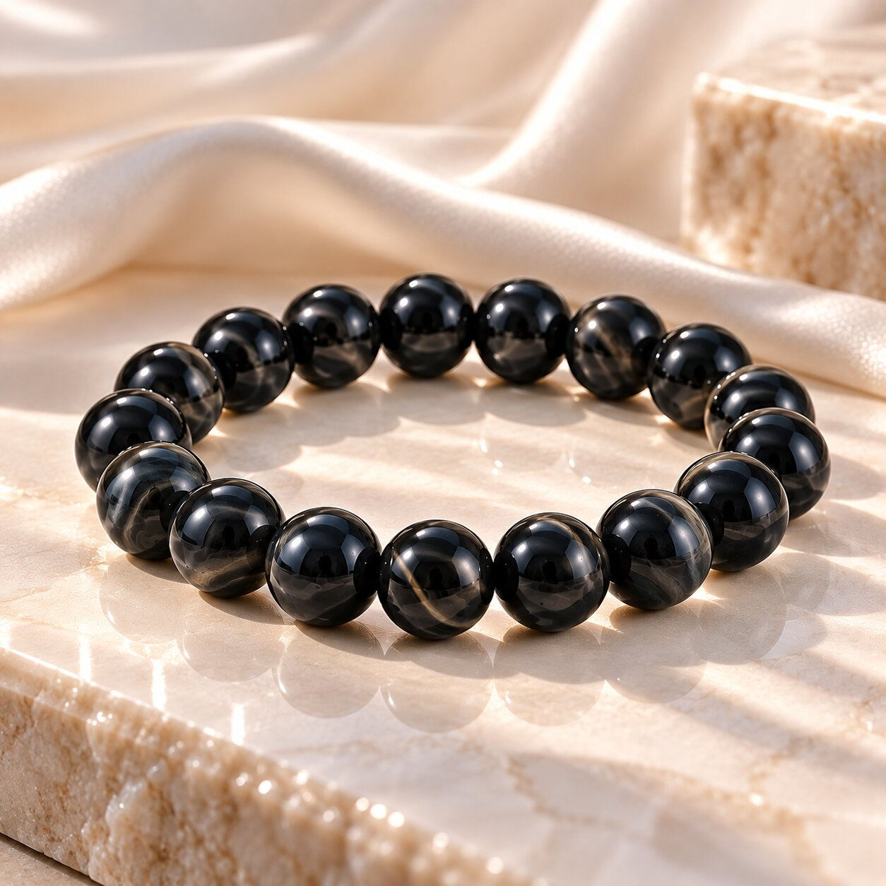 Black obsidian bracelet for emotional detox by Sanskritii Sethi Global – front view