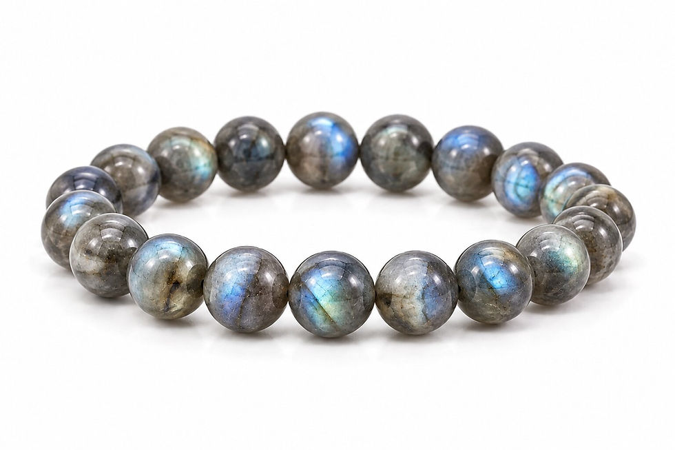 Labradorite bracelet with blue and gold flash to trust your gut by Sanskritii Sethi Global front view