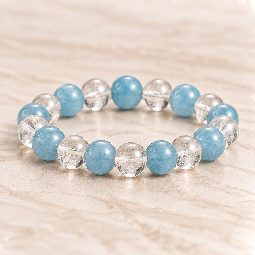 Bracelet to stop misunderstandings with aquamarine and clear quartz by Sanskritii Sethi Global front view