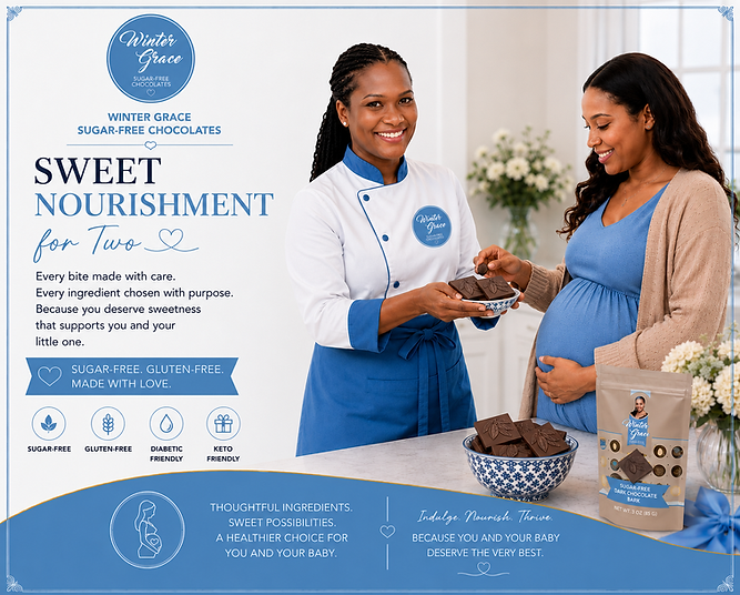 This promotional image from Winter Grace Sugar-Free Chocolates features the founder wearing a white and blue chef coat with the Winter Grace logo while presenting a plate of sugar-free dark chocolate bark to an expecting mother in a bright kitchen setting. The pregnant woman smiles as she accepts a piece of chocolate, highlighting a moment of care and nourishment during pregnancy. A package of Winter Grace Sugar-Free Dark Chocolate Bark is displayed on the countertop beside a decorative bowl filled with chocolate bark pieces. The headline reads "Sweet Nourishment for Two," emphasizing thoughtful nutrition for both mother and baby. The graphic highlights that the chocolates are sugar-free, gluten-free, diabetic-friendly, and keto-friendly, and are crafted with monk fruit sweetener to provide a healthier chocolate option during pregnancy. The overall design reflects wellness, motherhood, premium ingredients, and the Winter Grace commitment to making chocolate a healthier indulgence.