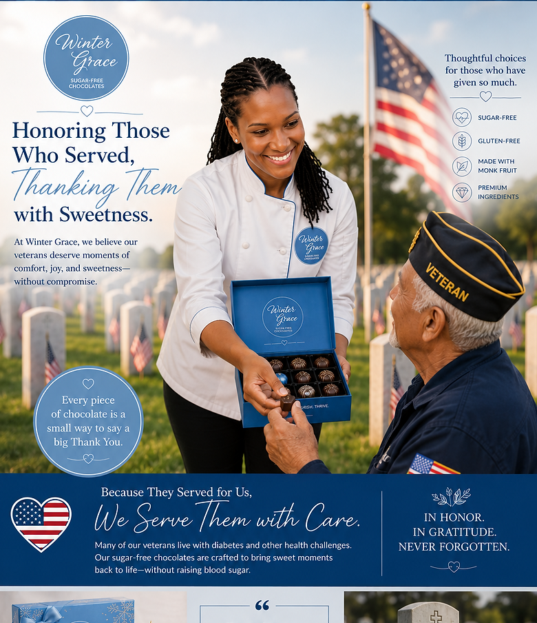 This promotional image from Winter Grace Sugar-Free Chocolates honors America's veterans. The founder, wearing a white chef coat with the Winter Grace logo, is shown presenting a premium box of sugar-free chocolates to an elderly U.S. military veteran wearing a veteran's cap. They are standing in a veterans memorial cemetery with rows of white headstones and an American flag displayed in the background. The headline reads, "Honoring Those Who Served, Thanking Them with Sweetness." The graphic highlights that the chocolates are sugar-free, gluten-free, sweetened with organic monk fruit, and made with premium ingredients. Additional sections feature a Winter Grace gift box, a tribute message thanking veterans for their sacrifice and courage, and a memorial image honoring those who served. The overall design conveys gratitude, compassion, wellness, and support for veterans living with diabetes and other health challenges.