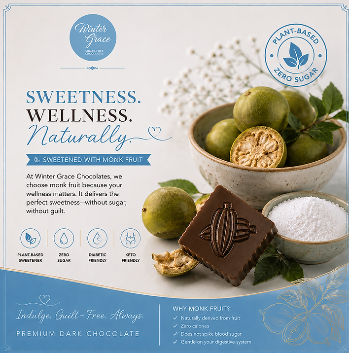 This promotional graphic from Winter Grace Sugar-Free Chocolates highlights the brand's use of organic monk fruit as a natural sweetener. The image features a premium dark chocolate square embossed with a cocoa pod design displayed beside fresh monk fruit, a bowl of whole and sliced monk fruit, and a bowl of white monk fruit sweetener. The headline reads, "Sweetness. Wellness. Naturally." and emphasizes that the chocolate is sweetened with monk fruit instead of sugar. A badge in the upper-right corner states "Plant-Based • Zero Sugar." Icons across the center identify the product as Plant-Based Sweetener, Zero Sugar, Diabetic Friendly, and Keto Friendly. The bottom section explains the benefits of monk fruit, including that it is naturally derived from fruit, contains zero calories, does not spike blood sugar, and is gentle on the digestive system. The overall design uses Winter Grace's signature blue, white, and gold branding to reinforce a clean, premium wellness-focused image.