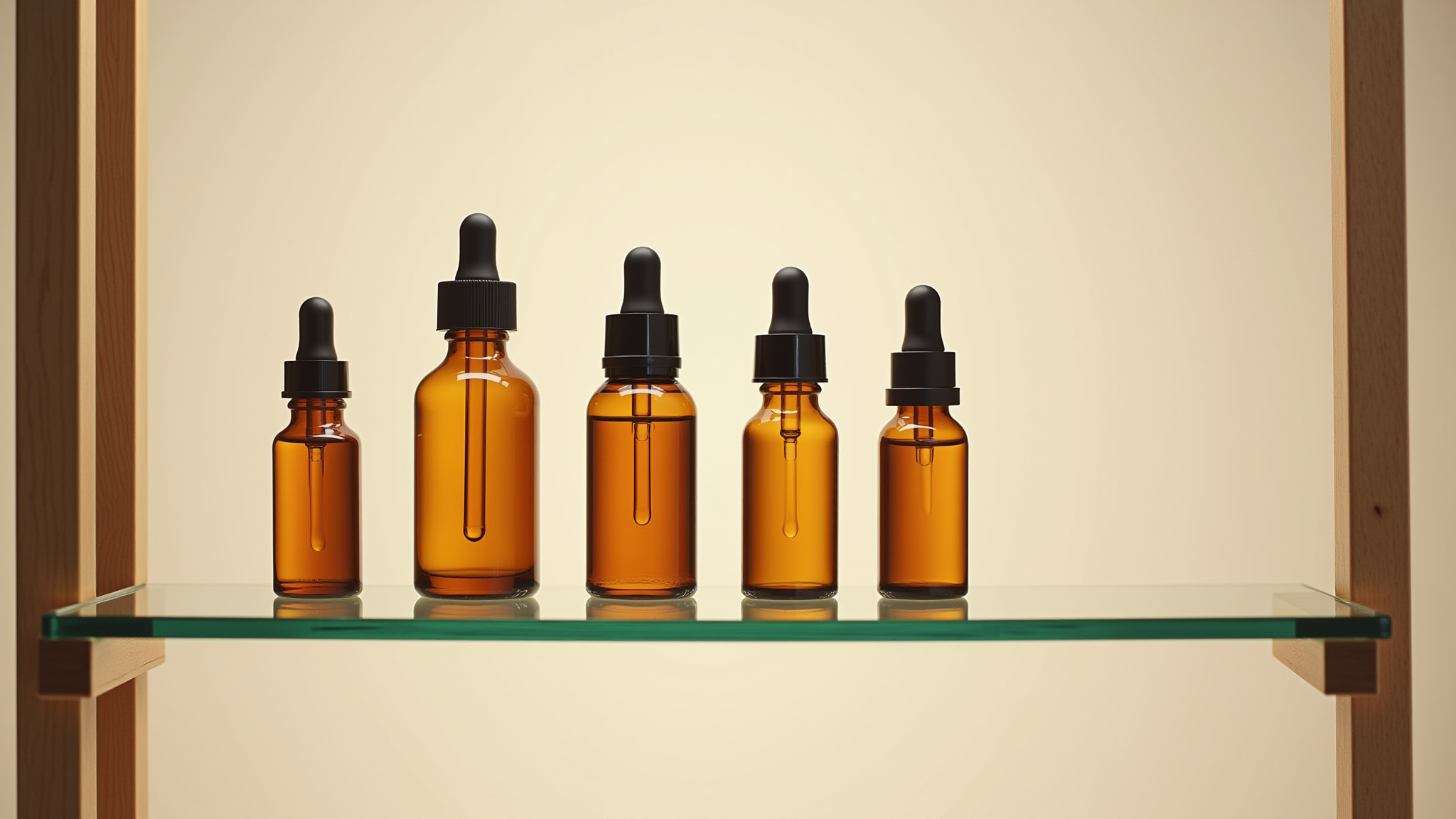 Amber glass bottles with droppers arranged on a glass shelf.