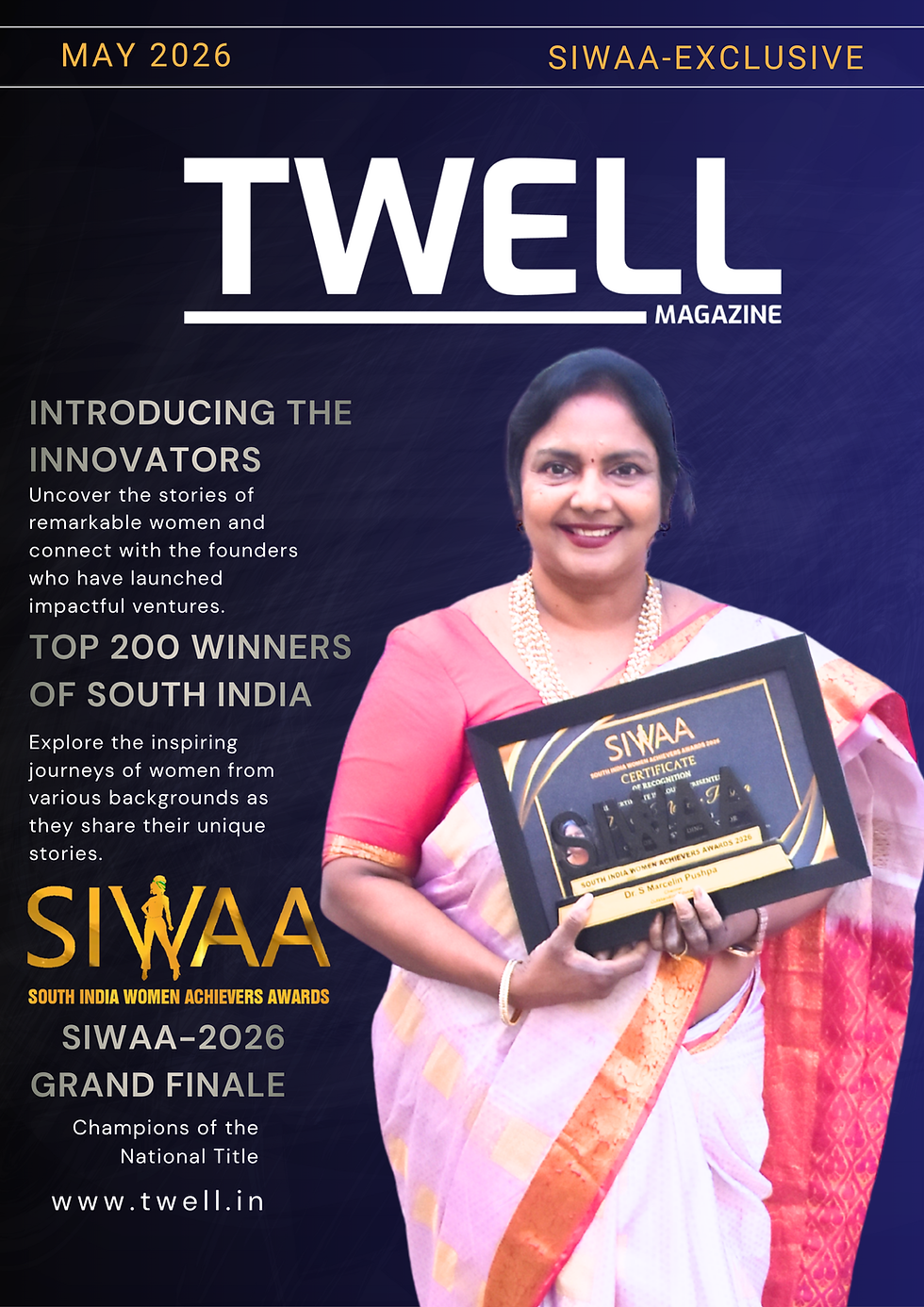 Dr. S Marcelin Pushpa receiving the SIWAA 2026 Outstanding Educator award on stage.